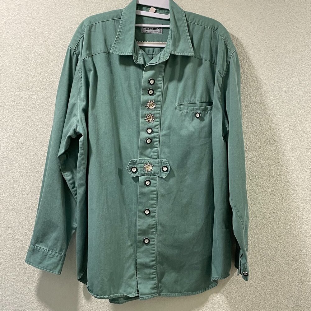 CATAMARAN Button Down Long Sleeve Embellished One of a Kind Shirt, Green - L/XL